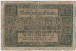 Банкнота. Германия. Веймарская республика. 10 марок 1920 год. Серийный номер - буква и семь цифр.