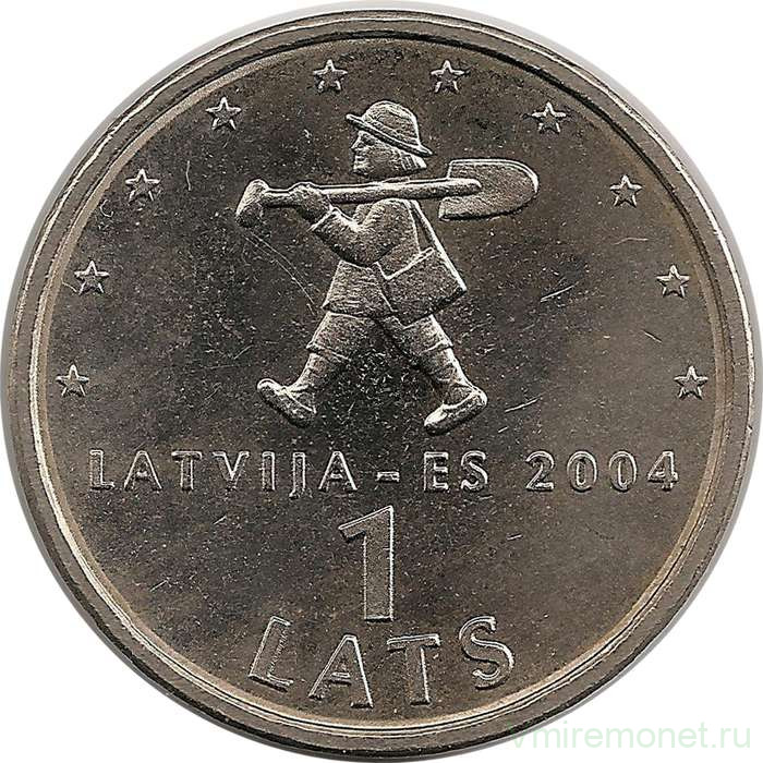Монета. Латвия. 1 лат 2004 год. Вступление в ЕС.