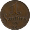 Аверс. Монета. Латвия. 1 сантим 1928 год.