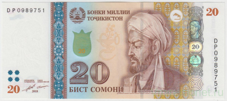 Банкнота. Таджикистан. 20 сомони 2018 год.