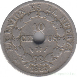 Монета. Боливия. 10 сентаво 1883 год. Медно-никелевый сплав, отверстие в центре.