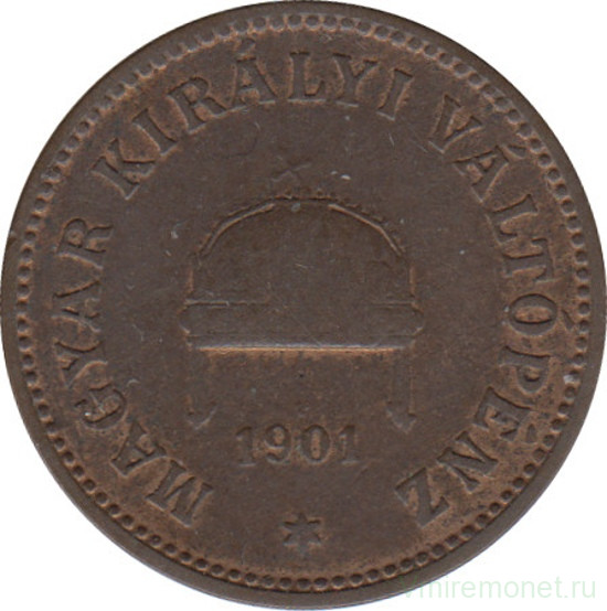 Монета. Венгрия. 2 филлера 1901 год.