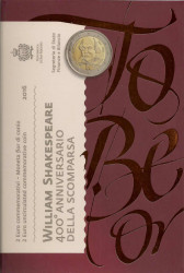 Монета. Сан-Марино. 2 евро 2016 год. 550 лет со дня смерти Уильяма Шекспира. Буклет, коинкарта.