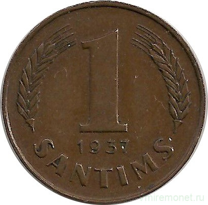 Монета. Латвия. 1 сантим 1937 год.