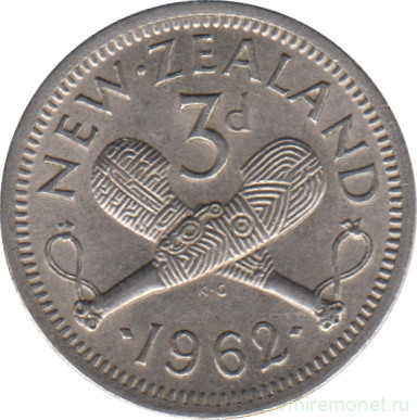 Монета. Новая Зеландия. 3 пенса 1962 год.