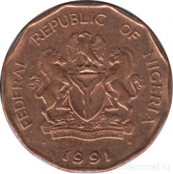 Монета. Нигерия. 10 кобо 1991 год.