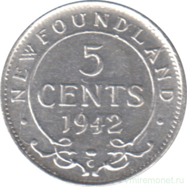 Монета. Ньюфаундленд. 5 центов 1942 год.