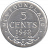 Монета. Ньюфаундленд. 5 центов 1942 год. ав.