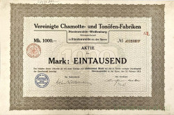 Акция. Германия. Фюрстенвальде на Шпрее. "Vereinigte Chamotte- und Tonöfen-Fabriken". 1000 марок 1913 год.