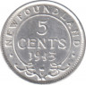 Монета. Ньюфаундленд. 5 центов 1943 год. ав.