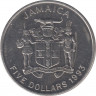 Монета. Ямайка. 5 долларов 1993 год. 100 лет со дня рождения Нормана Вашингтона Мэнли. рев.