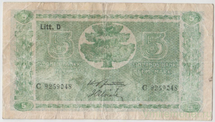 Банкнота. Финляндия. 5 марок 1939 год. Тип 69а(17).
