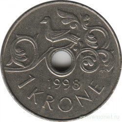 Монета. Норвегия. 1 крона 1998 год.