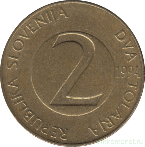 Монета. Словения. 2 толара 1994 год.  (Открытая цифра 4 - К).