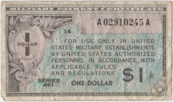 Бона. США. Платёжный сертификат вооружённых сил. 1 доллар 1946 - 1947 года. 461-я серия. Тип M5.