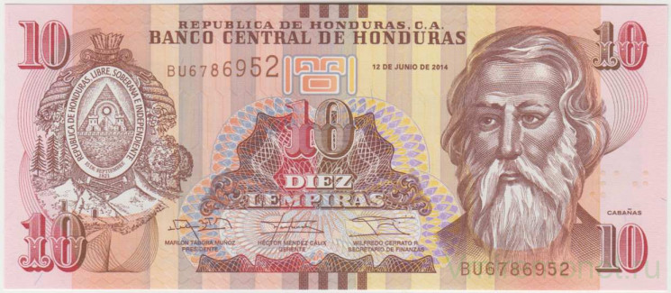 Банкнота. Гондурас. 10 лемпир 2014 год. Тип 99b.
