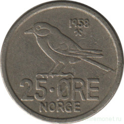 Монета. Норвегия. 25 эре 1958 год.