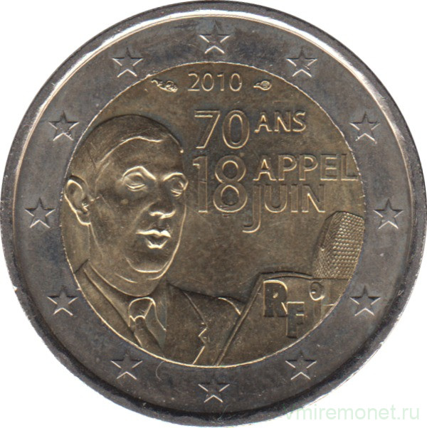 Монета. Франция. 2 евро 2010 год. 70 лет речи Шарля де Голя "Ко всем французам".