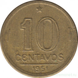 Монета. Бразилия. 10 сентаво 1951 год.