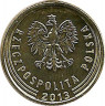 Аверс. Монета. Польша. 1 грош 2013 год.