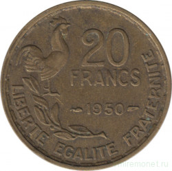 Монета. Франция. 20 франков 1950 год. Монетный двор - Париж. Аверс - в хвосте петуха 3 пера. Реверс - G. GUIRAUD.
