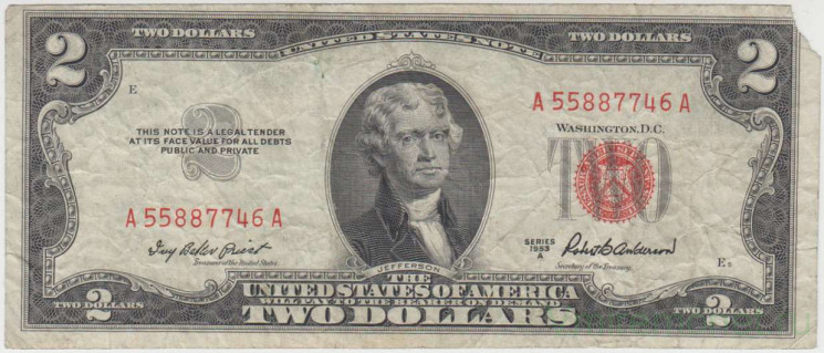 Банкнота. США. 2 доллара 1953 год. Красная печать. А. Тип 380а.