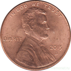 Монета. США. 1 цент 2015 год. Монетный двор D.