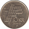 Монета. Норвегия. 10 крон 2001 год. ав.