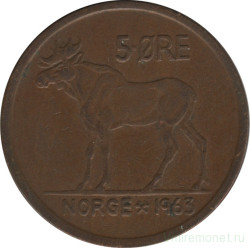 Монета. Норвегия. 5 эре 1963 год.