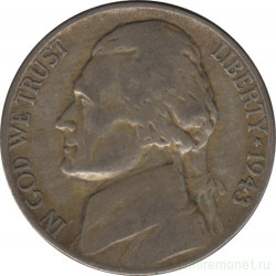 Монета. США. 5 центов 1943 год. Монетный двор P. 