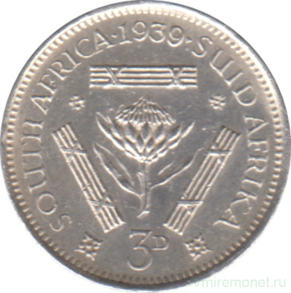 Монета. Южно-Африканская республика (ЮАР). 3 пенса 1939 год.