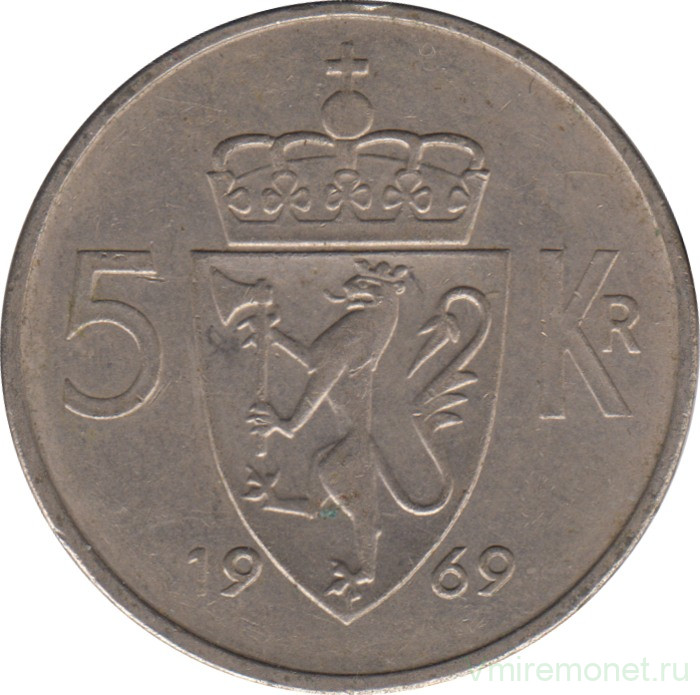 Монета. Норвегия. 5 крон 1969 год.