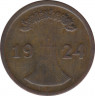 Монета. Германия. Веймарская республика. 2 рентенпфеннига 1924 год. Монетный двор - Мюнхен (D). ав.