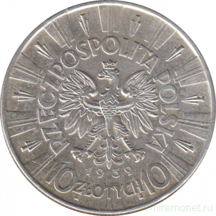 Монета. Польша. 10 злотых 1939 год. Юзеф Пилсудский.