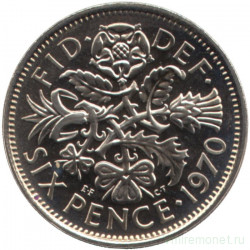 Монета. Великобритания. 6 пенсов 1970 год.