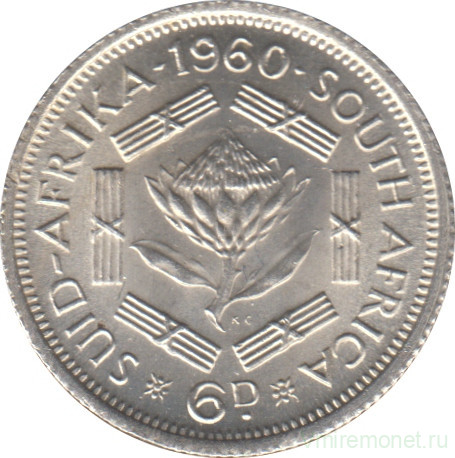 Монета. Южно-Африканская республика (ЮАР). 6 пенсов 1960 год.