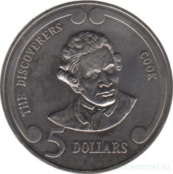 Монета. Новая Зеландия. 5 долларов 1992 год. Первооткрыватели. Джеймс Кук.