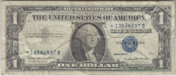 Банкнота. США. 1 доллар 1957 год. Синяя печать. B. Знак * - серия замещения. Тип 419b.