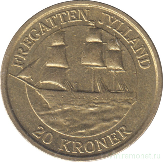 Монета. Дания. 20 крон 2007 год. Корабли - фрегат.