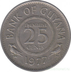Монета. Гайана. 25 центов 1977 год. Герб на реверсе.