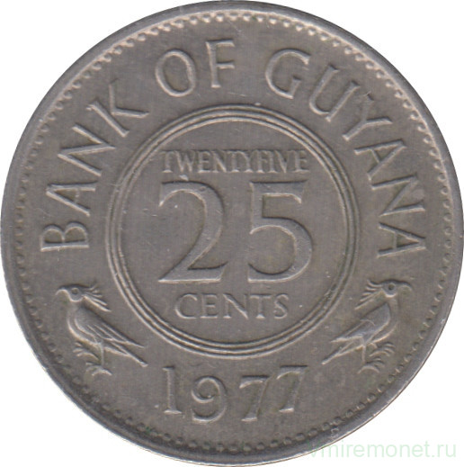 Монета. Гайана. 25 центов 1977 год. Герб на реверсе.