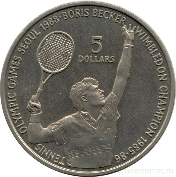 Монета. Ниуэ. 5 долларов 1987 год. XXIV летние Олимпийские Игры, Сеул 1988 - Теннис, Борис Беккер.