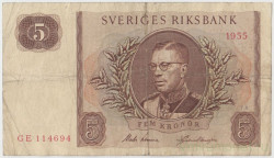 Банкнота. Швеция. 5 крон 1955 год. Тип 42b. 