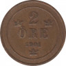 Монета. Швеция. 2 эре 1901 год. ав.