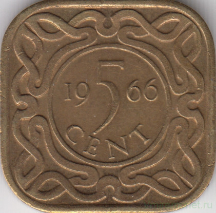 Монета. Суринам. 5 центов 1966 год.