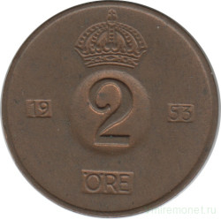Монета. Швеция. 2 эре 1953 год.