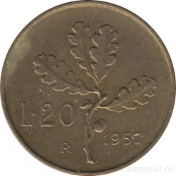 Монета. Италия. 20 лир 1957 год.