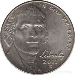 Монета. США. 5 центов 2011 год. Монетный двор P.