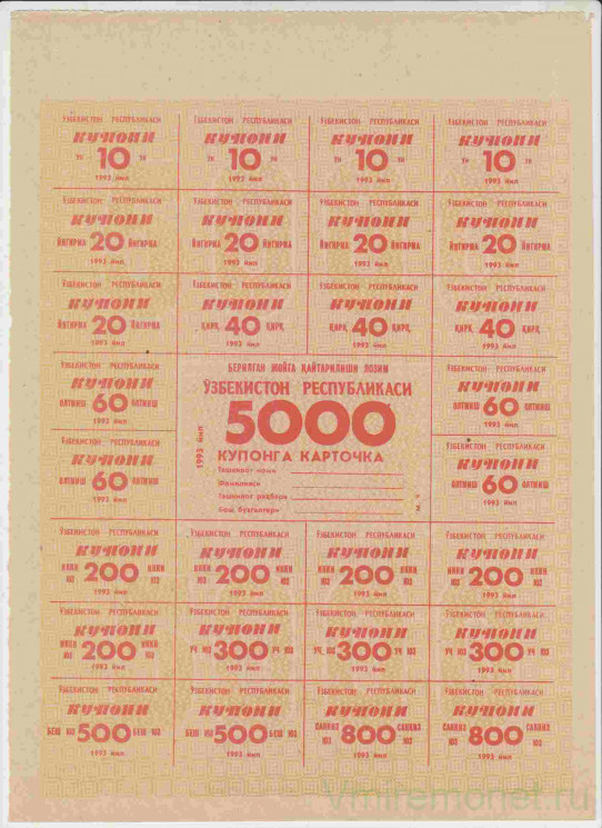 Бона. Узбекистан. Карточка потребителя (5000 купонов) на июль 1993 год. (без печати).