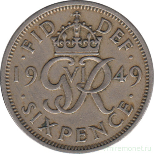 Монета. Великобритания. 6 пенсов 1949 год.